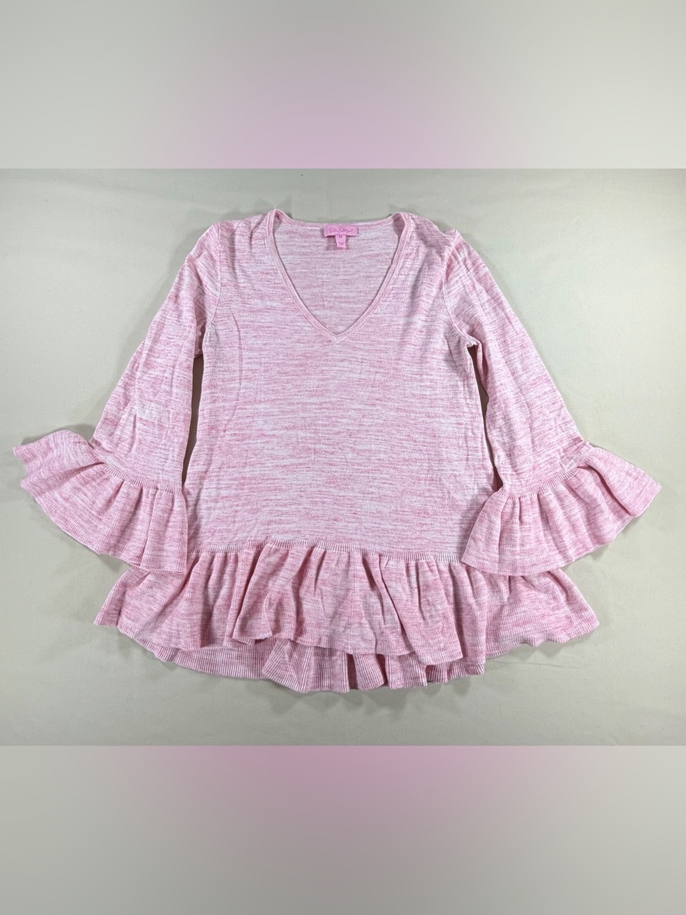 Lilly Pulitzer Pink Ruffle Hem V-Neck Top tunic sz XS